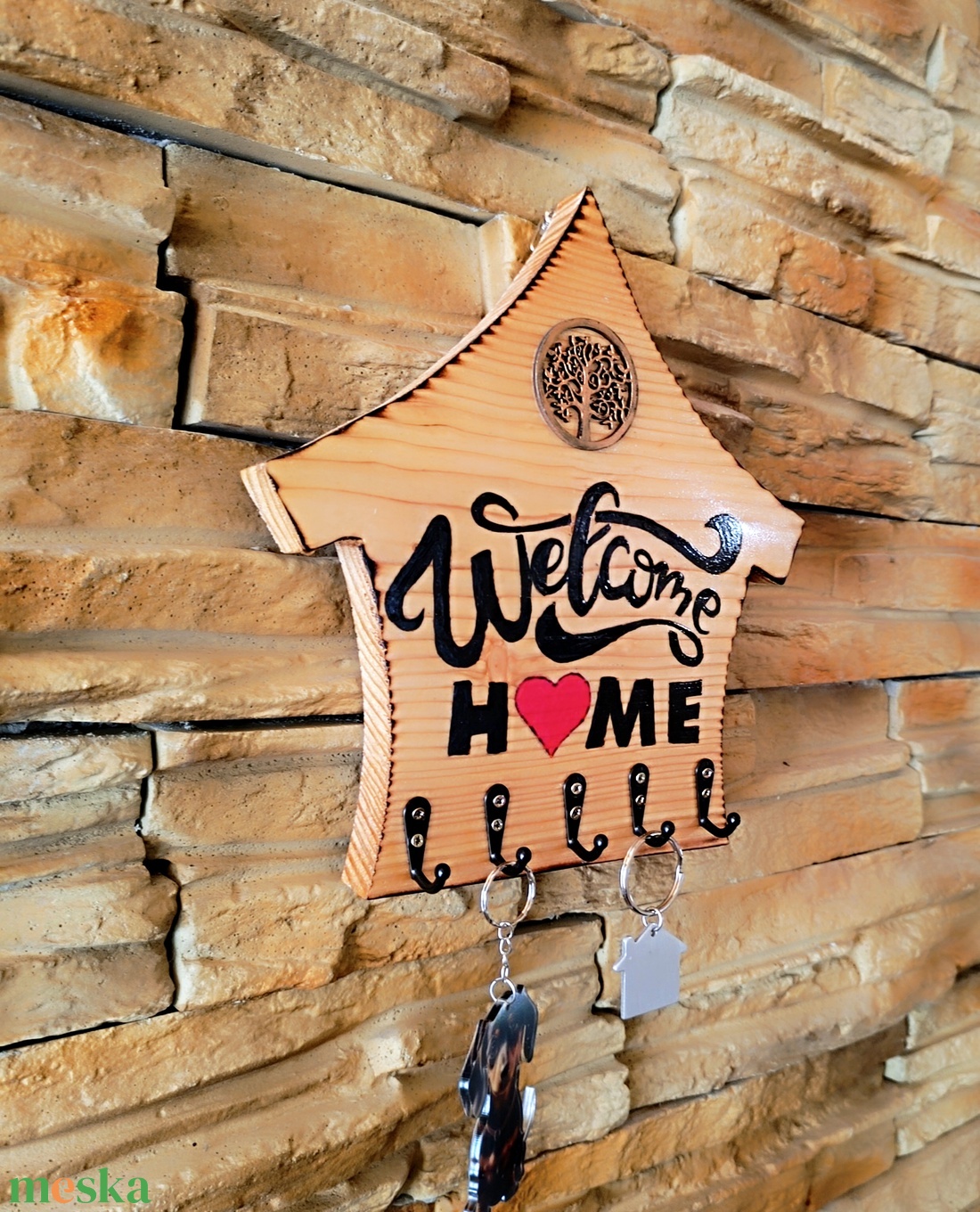 Welcome Home � Kézműves Fa Kulcstartó Életfa Díszítéssel - otthon & életmód - dekoráció - fali és függő dekoráció - fali kulcstartó - Meska.hu