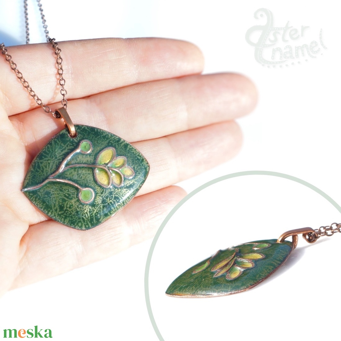 Zöld növénykés tűzzománc nyaklánc vörösréz láncon - ékszer - nyaklánc - medálos nyaklánc - Meska.hu