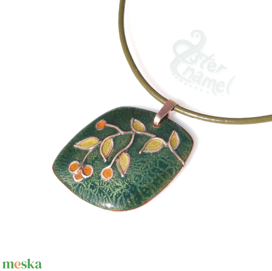 Tavaszi ág tűzzománc medál hengerelt bőrszálon  - ékszer - nyaklánc - medálos nyaklánc - Meska.hu