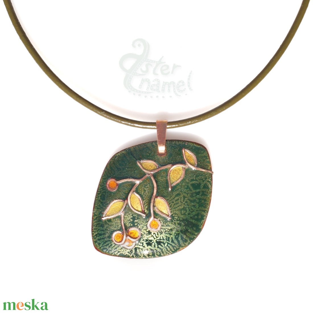 Tavaszi ág tűzzománc medál hengerelt bőrszálon  - ékszer - nyaklánc - medálos nyaklánc - Meska.hu
