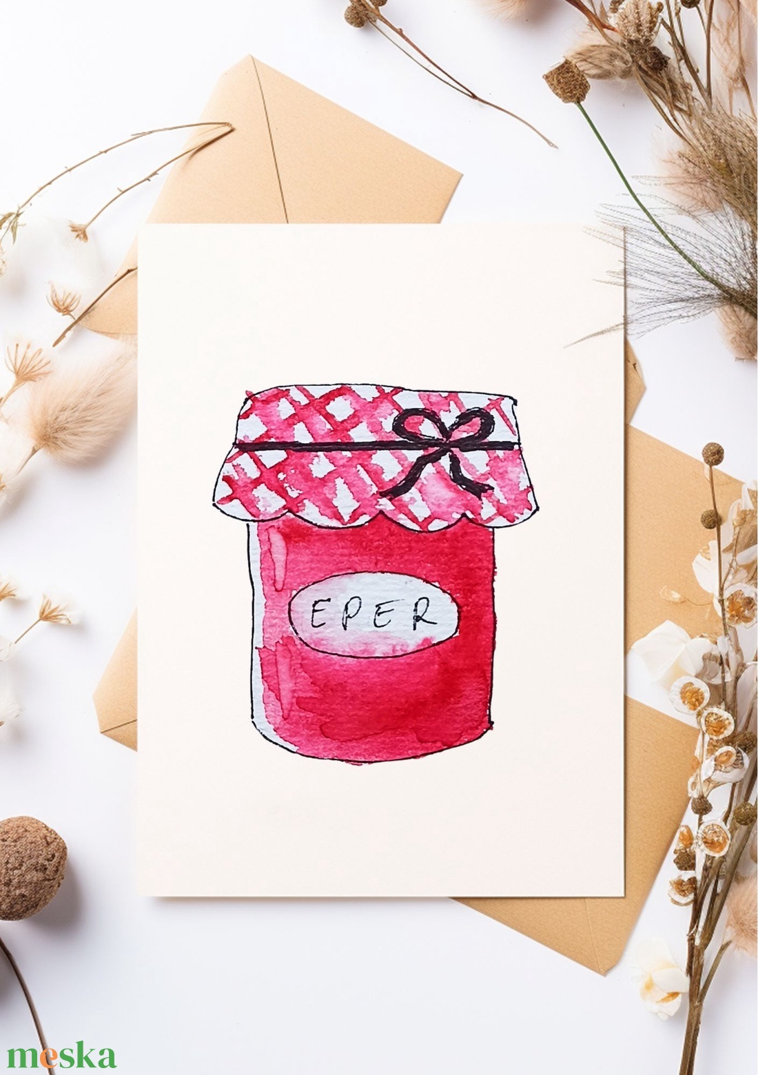 Eperlekvár képeslap, vidám akvarell üdvözlőlap, festett ajándékkísérő, művészi illusztráció, cottagecore, születésnap - otthon & életmód - papír, írószer - ajándékozás kellékei - képeslap, üdvözlőlap - Meska.hu