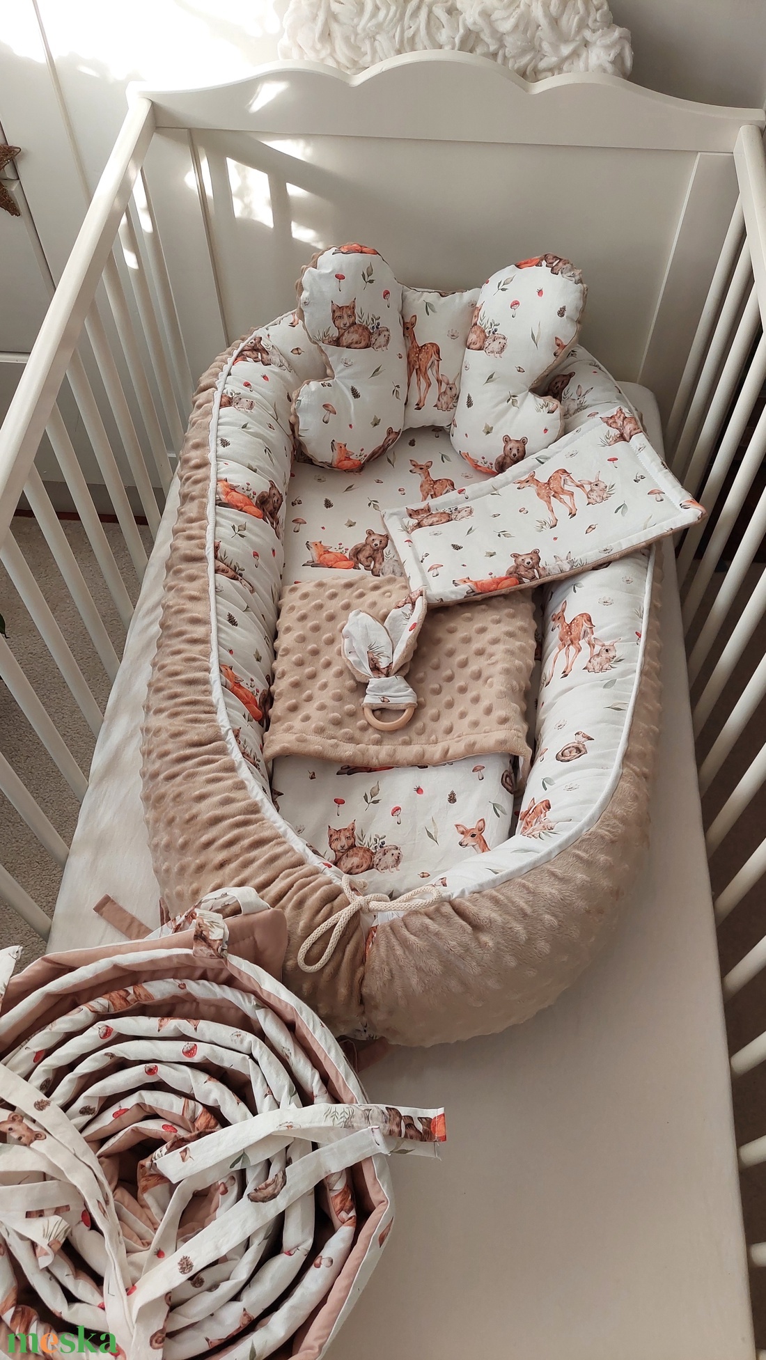 Erdei állatok, középbézs, XL-es babaszoba szett - baba - mama - babaágyneműk - babafészek - Meska.hu