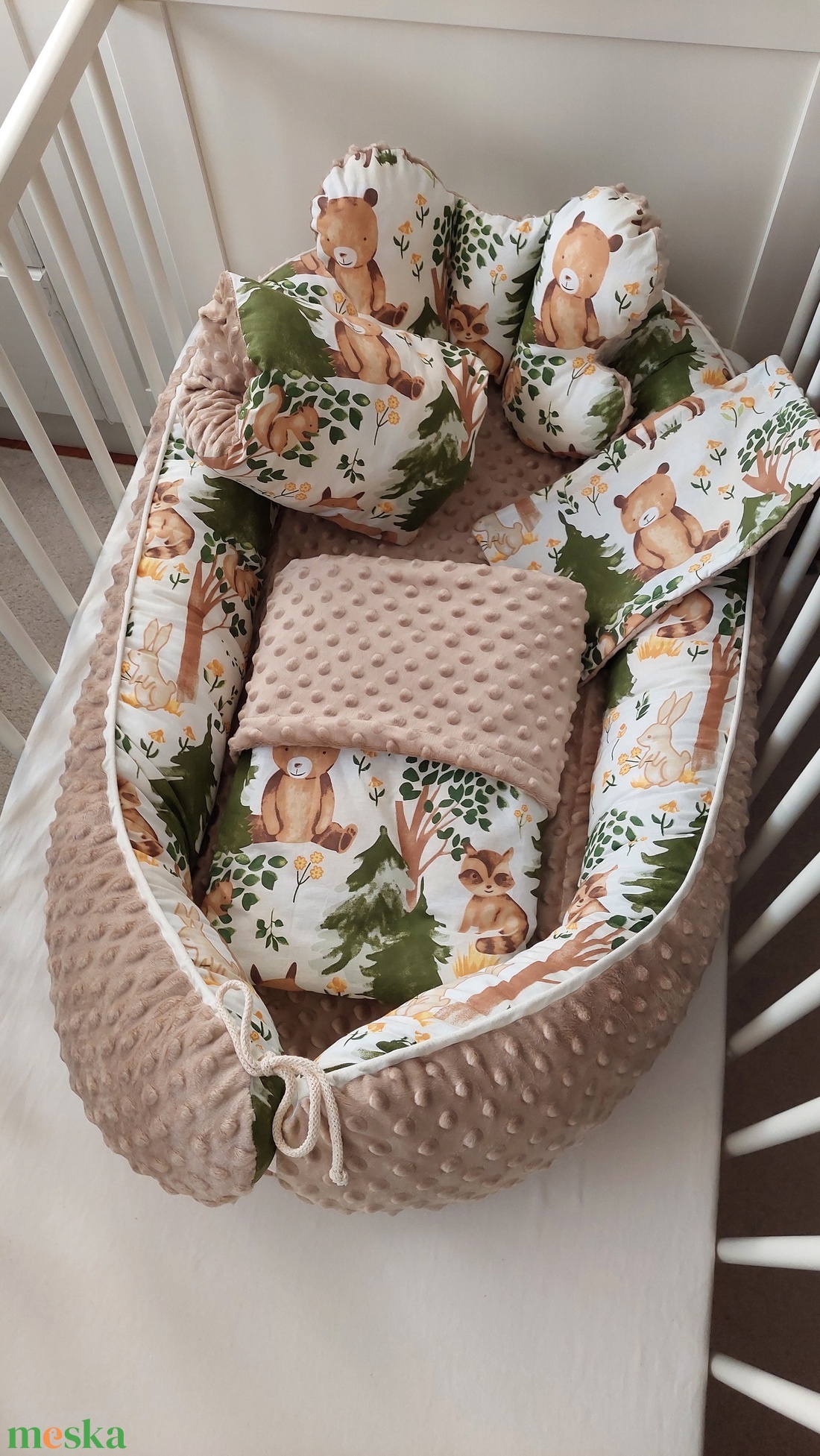 Erdei állatok, középbézs, XL-es babafészek szett - baba - mama - babaágyneműk - babafészek - Meska.hu