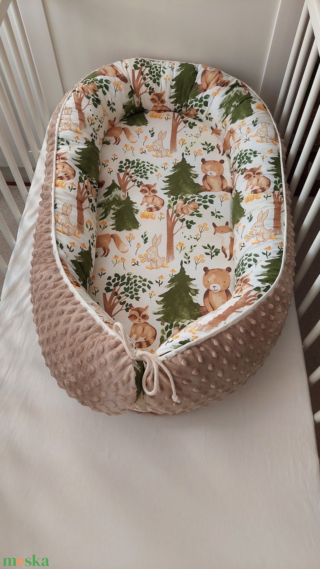 Erdei állatok, középbézs, XL-es babafészek szett - baba - mama - babaágyneműk - babafészek - Meska.hu