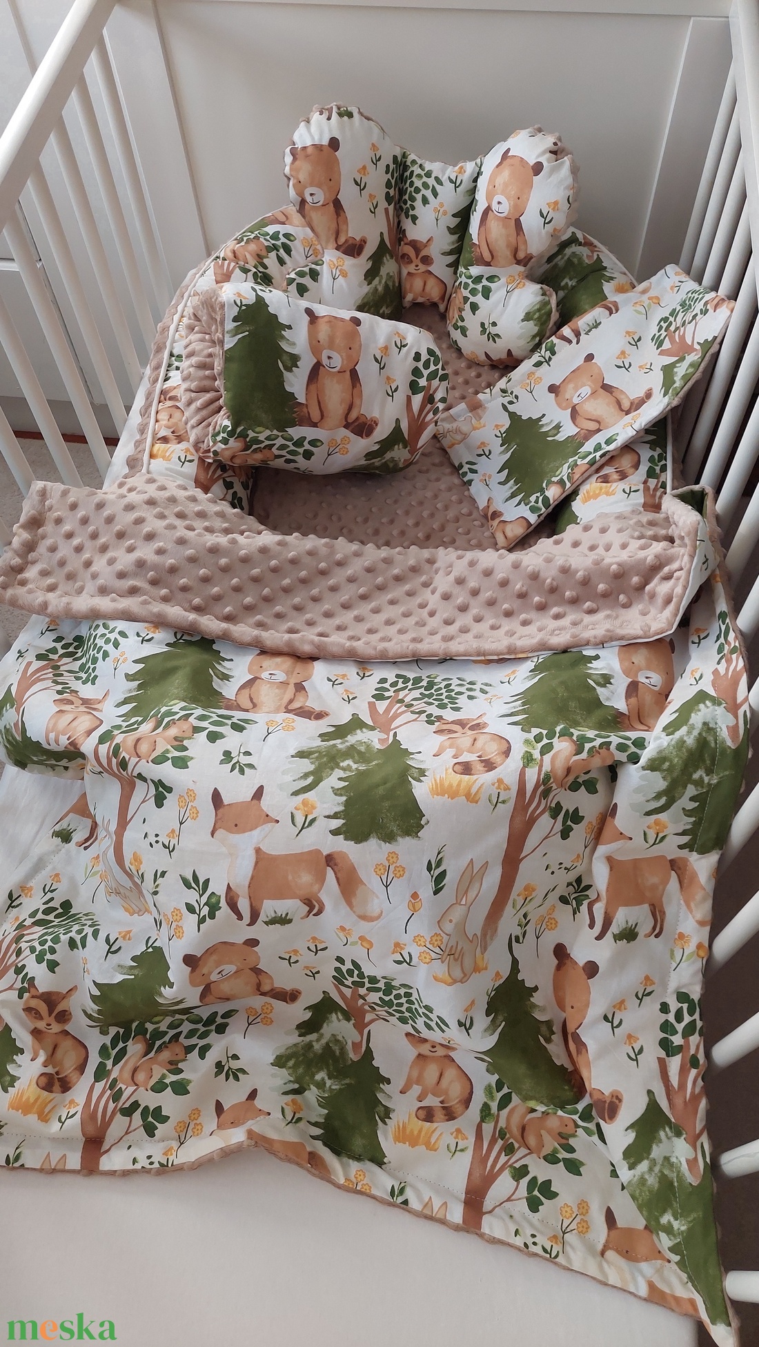 Erdei állatok, középbézs, XL-es babafészek szett - baba - mama - baba ágynemű - babafészek - Meska.hu