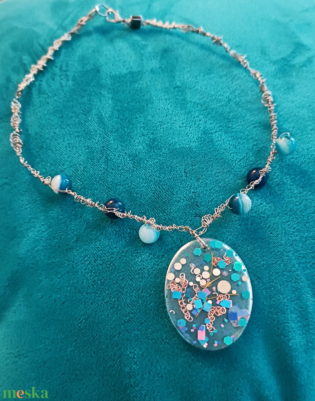 Türkiz Drót- technikával készült lánc - ékszer - nyaklánc - medálos nyaklánc - Meska.hu