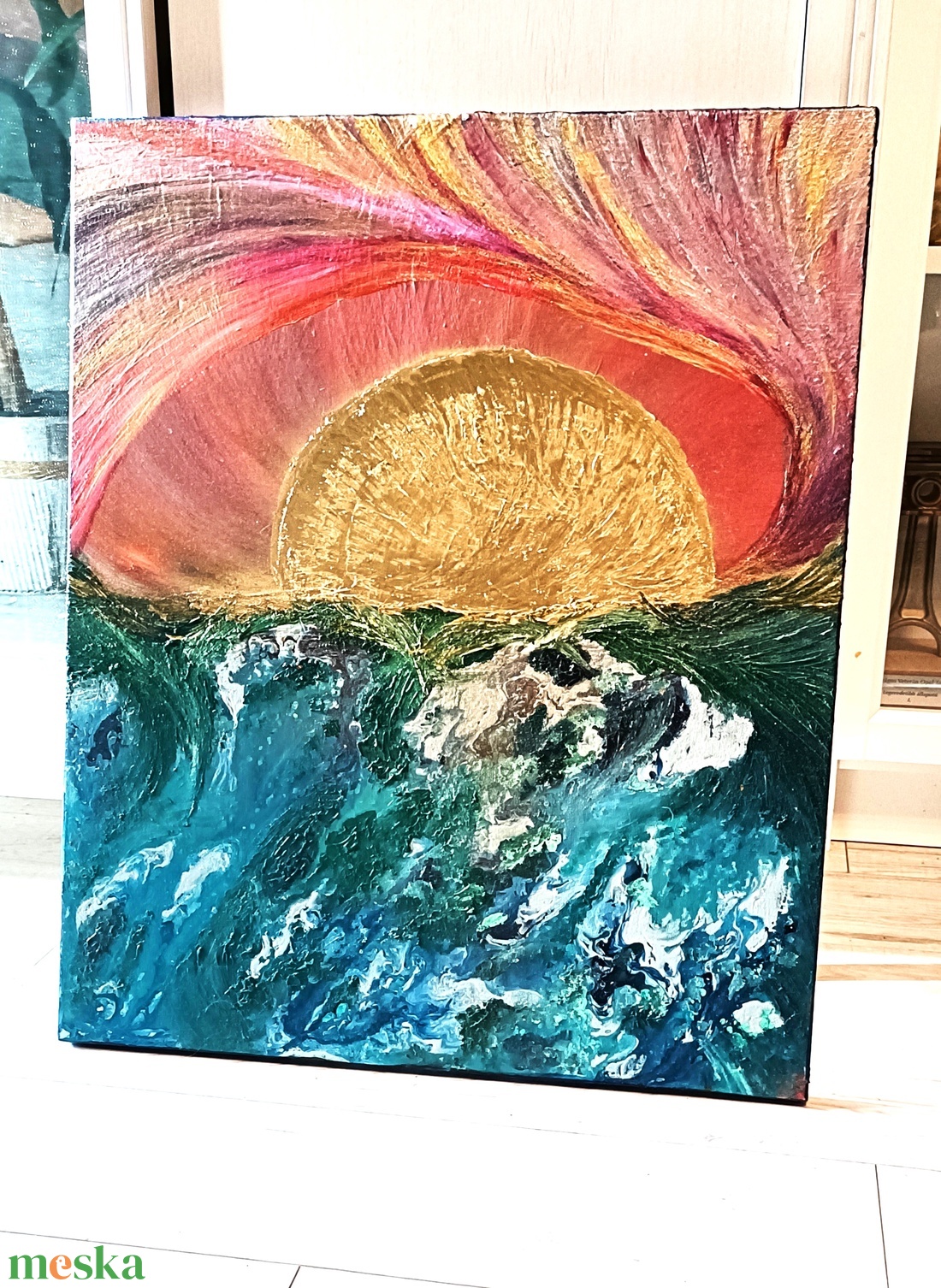 VeniceBeach/ Lemenő nap a tenger mögött - olaj akril fúziós festmény  - művészet - festmény - festmény vegyes technika - Meska.hu