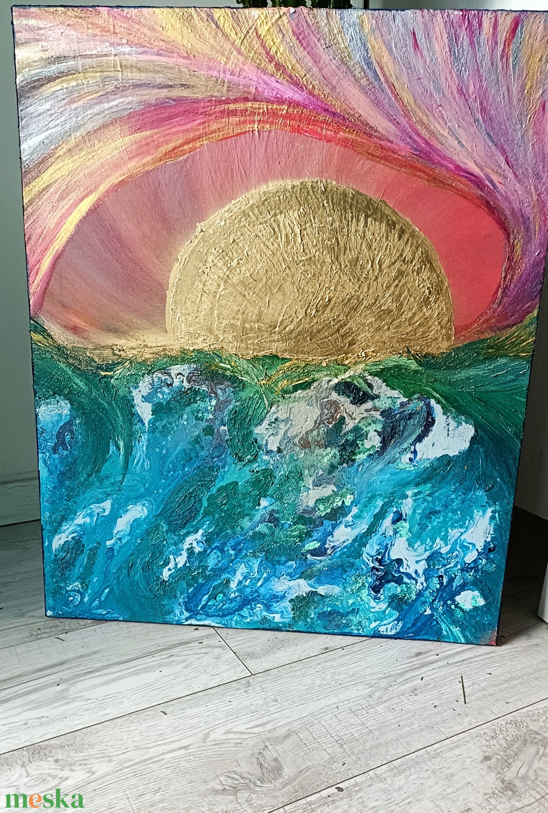 VeniceBeach/ Lemenő nap a tenger mögött - olaj akril fúziós festmény  - művészet - festmény - festmény vegyes technika - Meska.hu