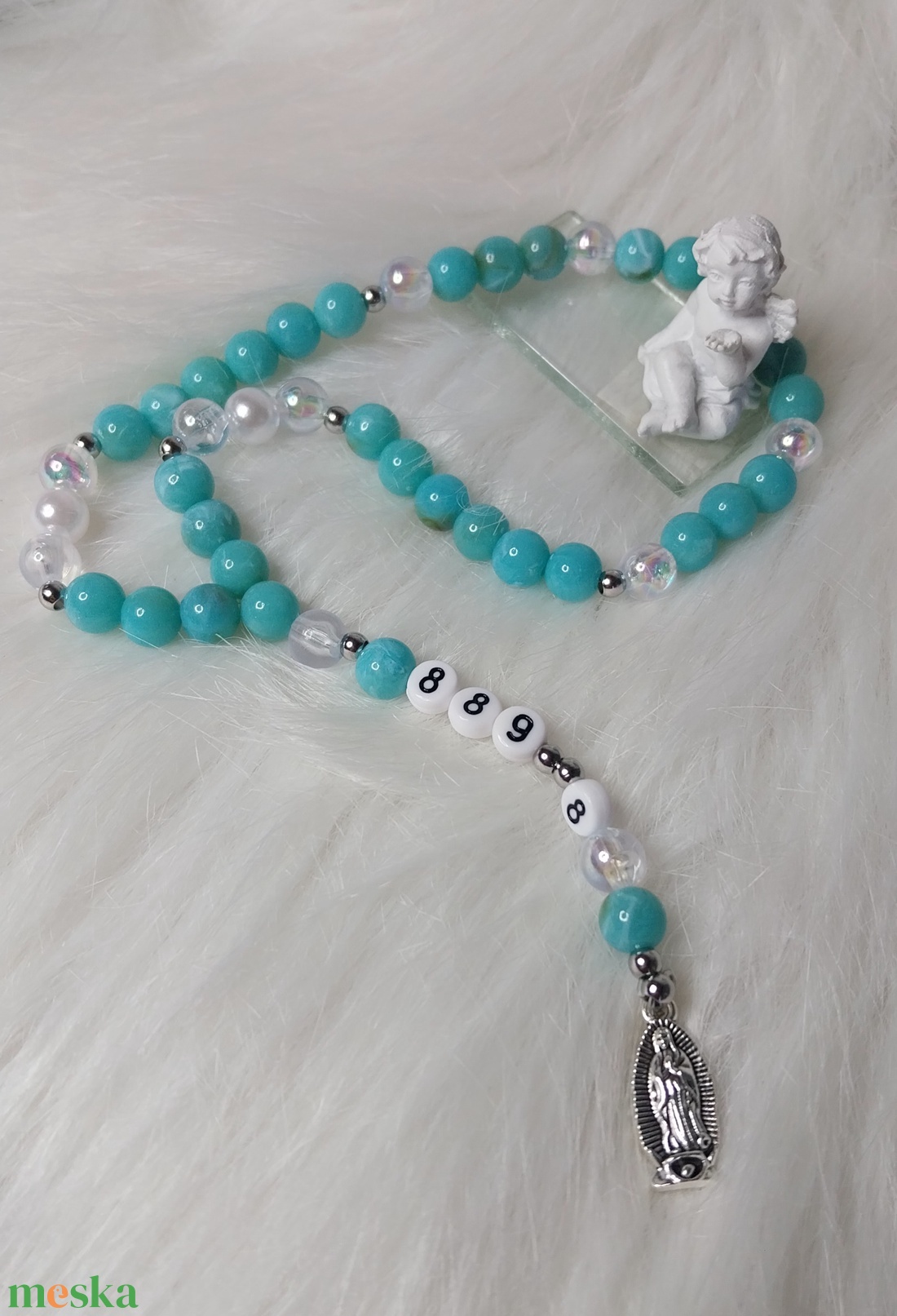 Kék rózsafüzér Szűz Máriával Grabovoj 889 Hála 8 energiával - ékszer - nyaklánc - gyöngyös nyaklánc - Meska.hu