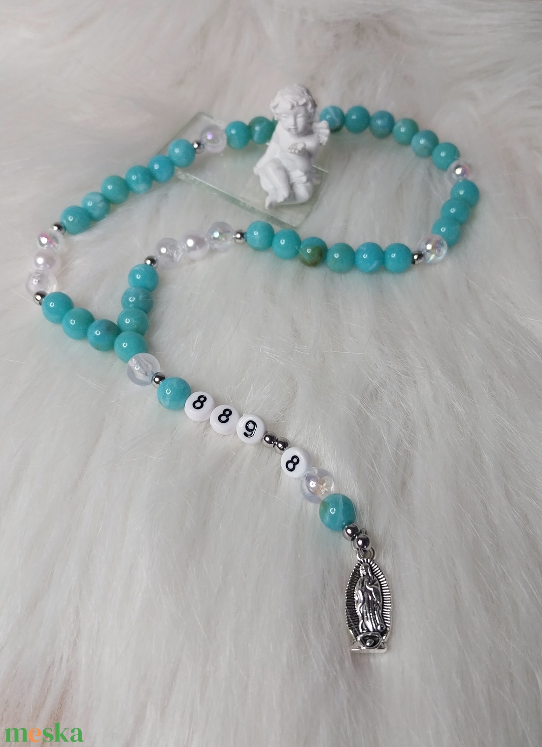 Kék rózsafüzér Szűz Máriával Grabovoj 889 Hála 8 energiával - ékszer - nyaklánc - gyöngyös nyaklánc - Meska.hu