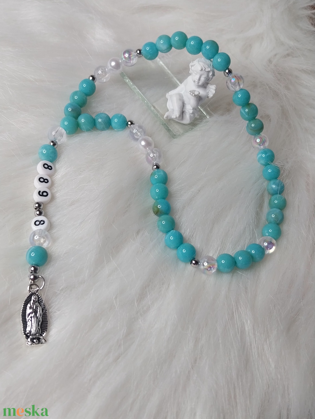 Kék rózsafüzér Szűz Máriával Grabovoj 889 Hála 8 energiával - ékszer - nyaklánc - gyöngyös nyaklánc - Meska.hu