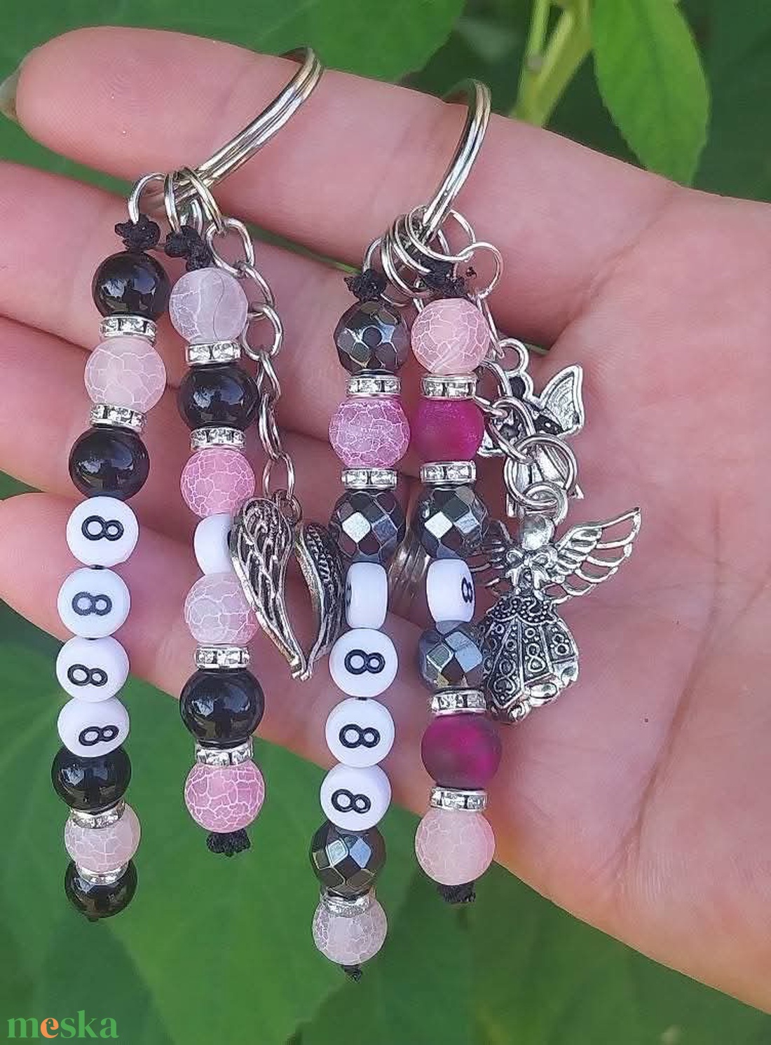 Rózsakvarc, ónix és hematit ásvány kulcstartó � Isteni védelem, angyallal, Grabovoj 8888 és hála 8 energiáva. - táska & tok - kulcstartó & táskadísz - kulcstartó - Meska.hu