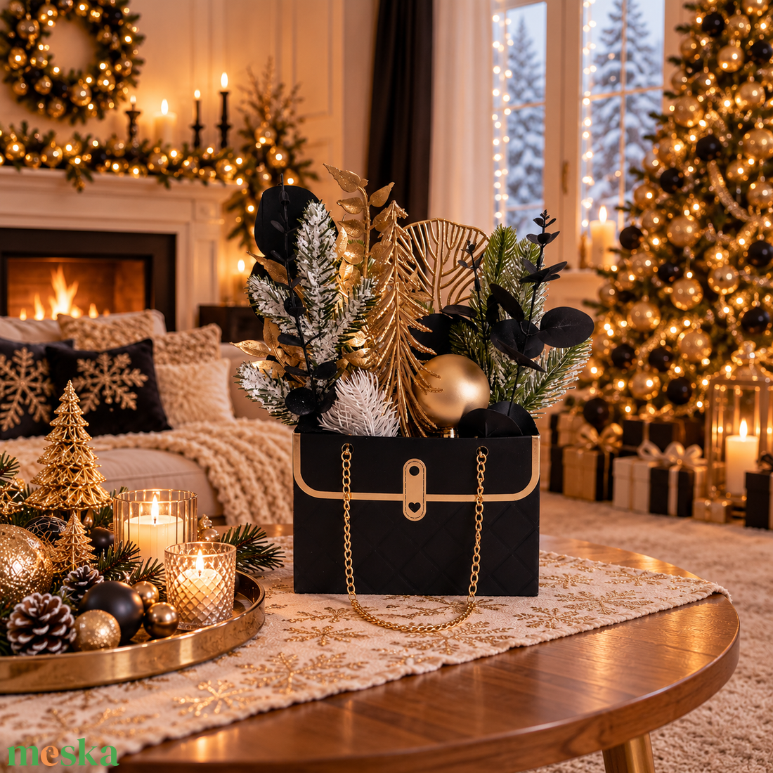 Karácsonyi dísztáska fekete-arany - otthon & életmód - dekoráció - asztal és polc dekoráció - asztaldísz - Meska.hu