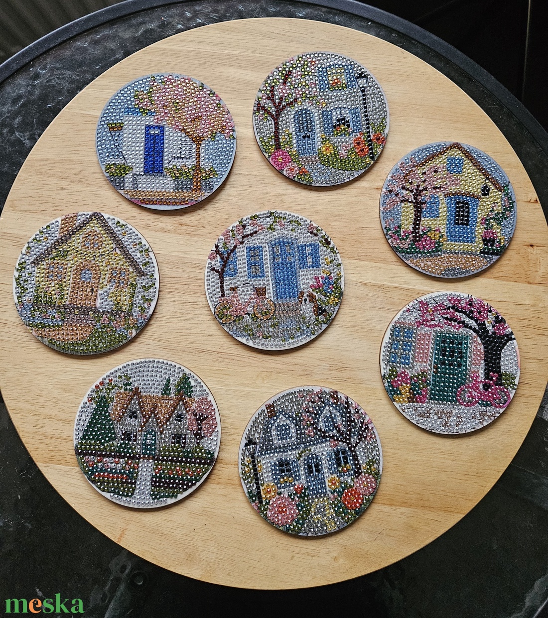 French Village � Kézzel díszített gyémántfestés poháralátét szett, 8 db - otthon & életmód - konyhafelszerelés, tálalás - tálalás - tányér- és poháralátét - Meska.hu