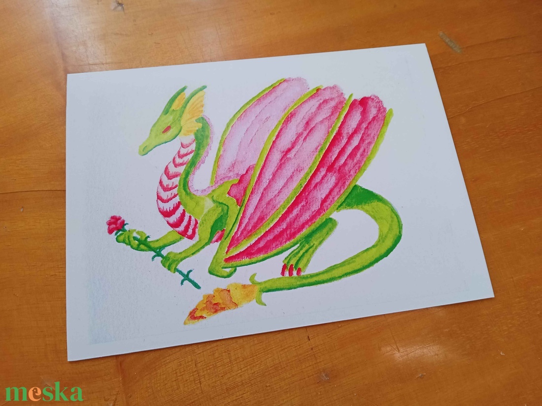 Képeslap - Szegfűt tartó sárkány - otthon & életmód - papír, írószer - ajándékozás kellékei - képeslap, üdvözlőlap - Meska.hu