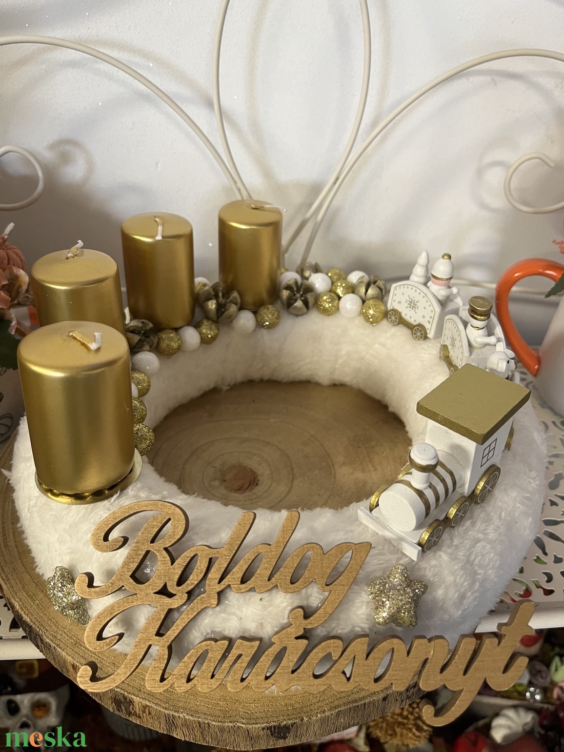 Adventi koszorú fehér arany színben - karácsony - adventi díszek - adventi koszorú - Meska.hu