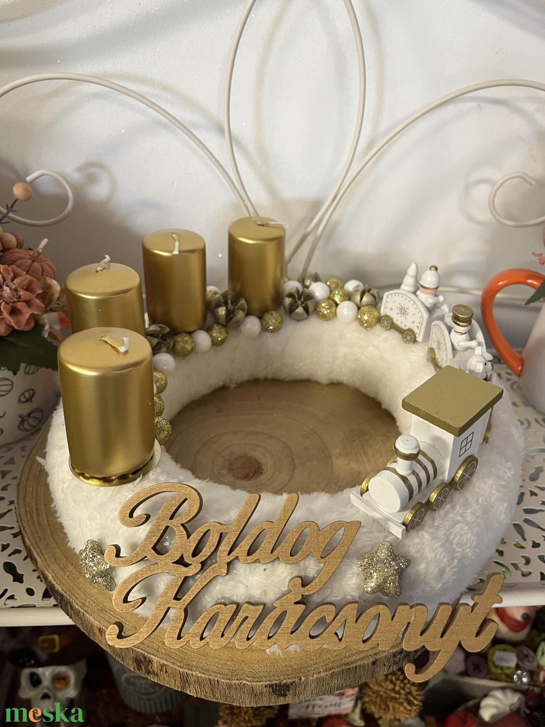 Adventi koszorú fehér arany színben - karácsony - adventi díszek - adventi koszorú - Meska.hu