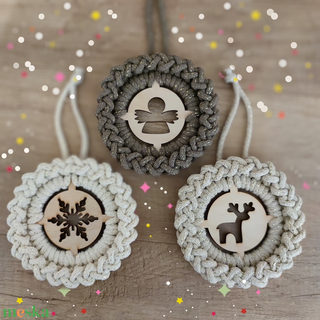 Bézs karácsony - horgolt karácsonyfadísz szett - karácsony - karácsonyi lakásdekoráció - karácsonyfadíszek - Meska.hu
