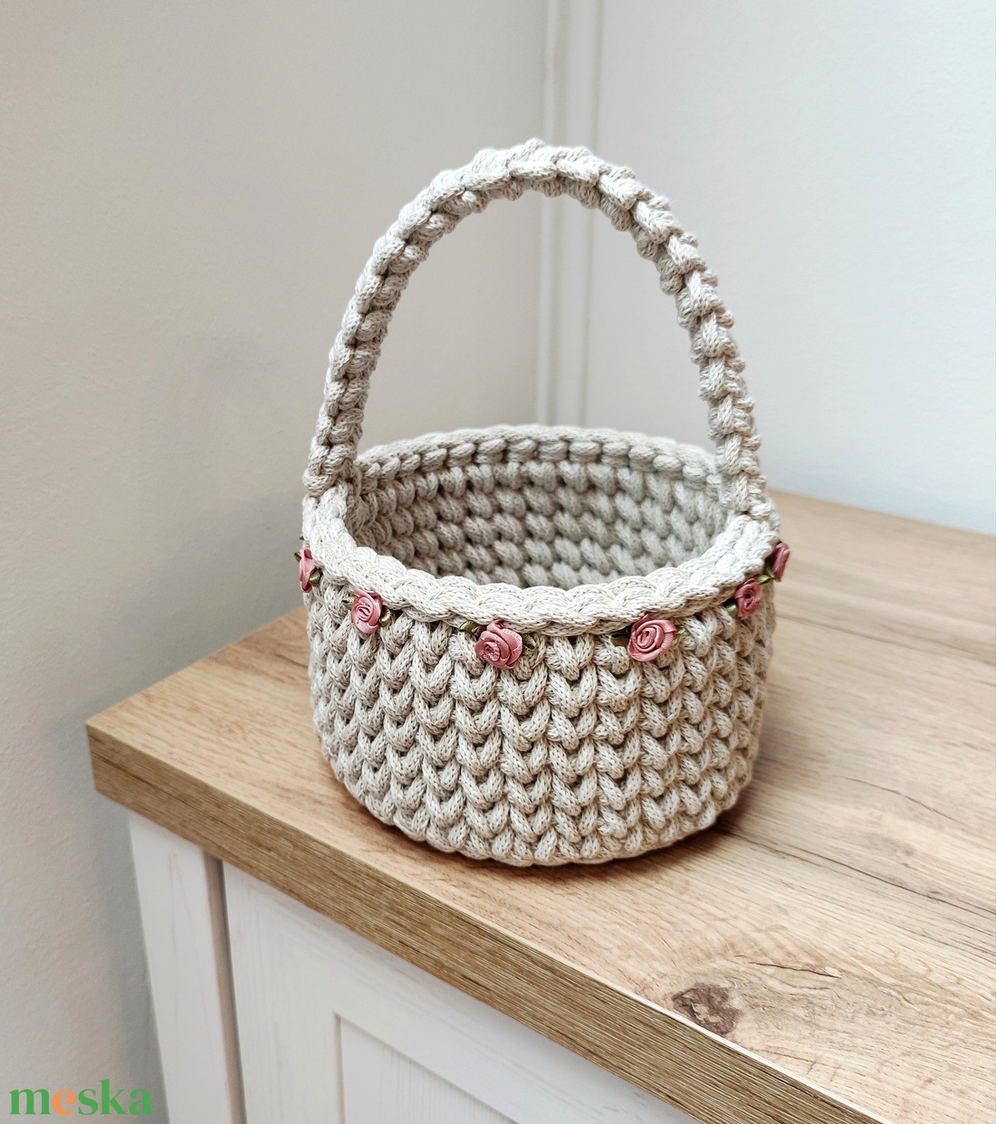 Horgolt füles kosár Húsvétra, Anyák napjára, Gyermeknapra, Esküvőre - ünnepi díszek, dekorációk - húsvéti díszek és dekorációk - húsvéti kosár - Meska.hu