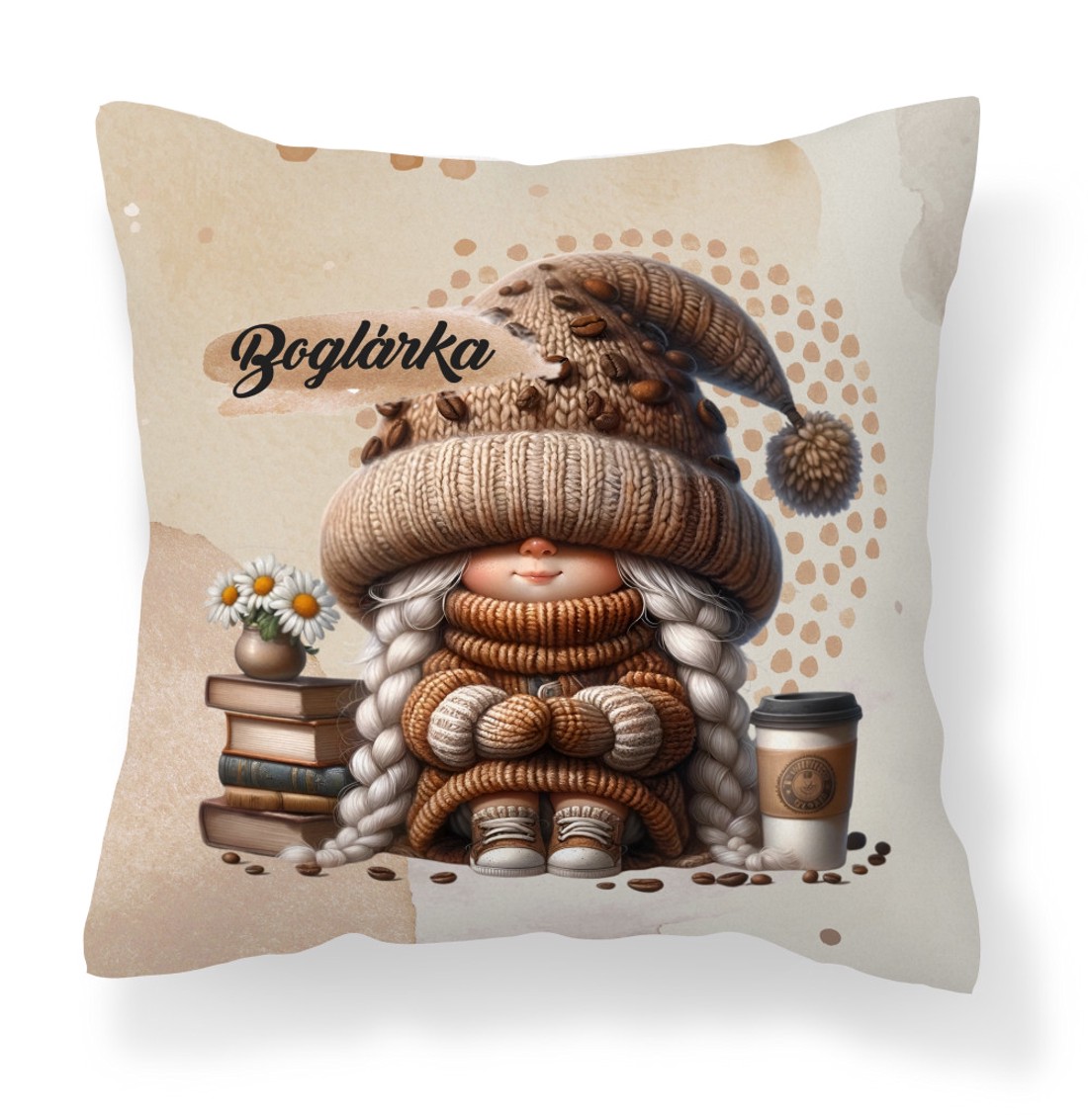 Névvel kérhető - Könyvmoly kávés manó lány mintás párna - otthon & életmód - lakástextil - párna & párnahuzat - díszpárna (belsővel együtt) - Meska.hu