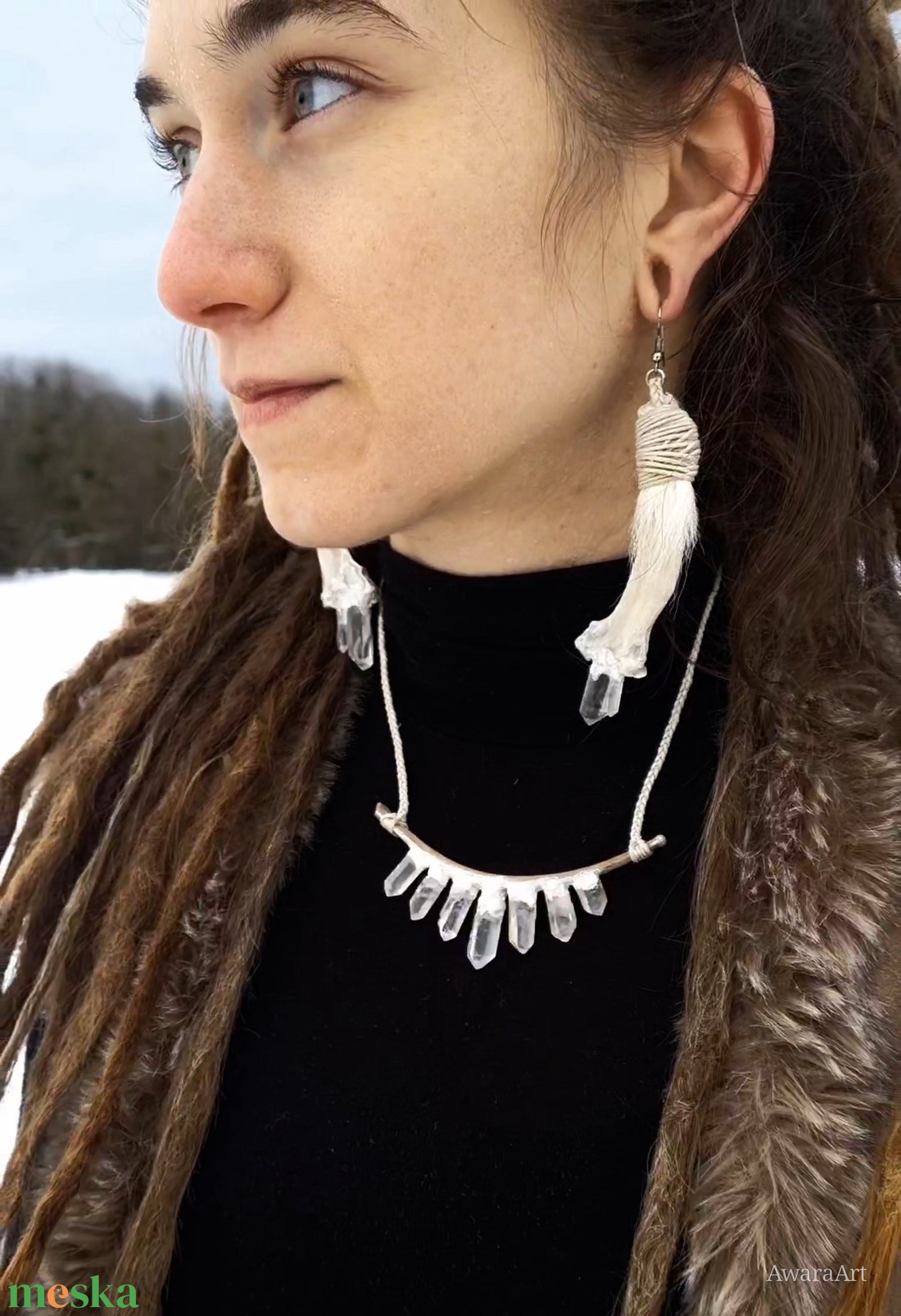 Hóvilág  Jégkristály talizmán csonttal, valódi szőrrel - ékszer - ékszerszett - Meska.hu