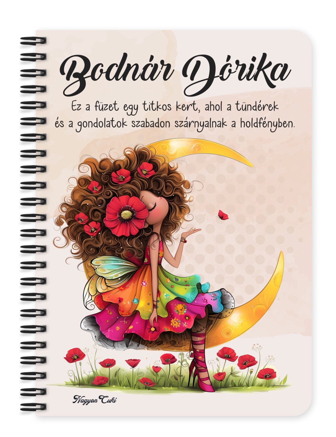 Személyre szabható - Huncut pipacs tündérlány és a hold mintás A6-os füzet - otthon & életmód - papír, írószer - jegyzetfüzet & napló - Meska.hu