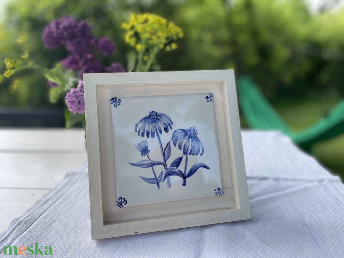 Kézzel festett mázazott portugál csempe virággal/ irisz - otthon & életmód - dekoráció - fali és függő dekoráció - csempe - Meska.hu