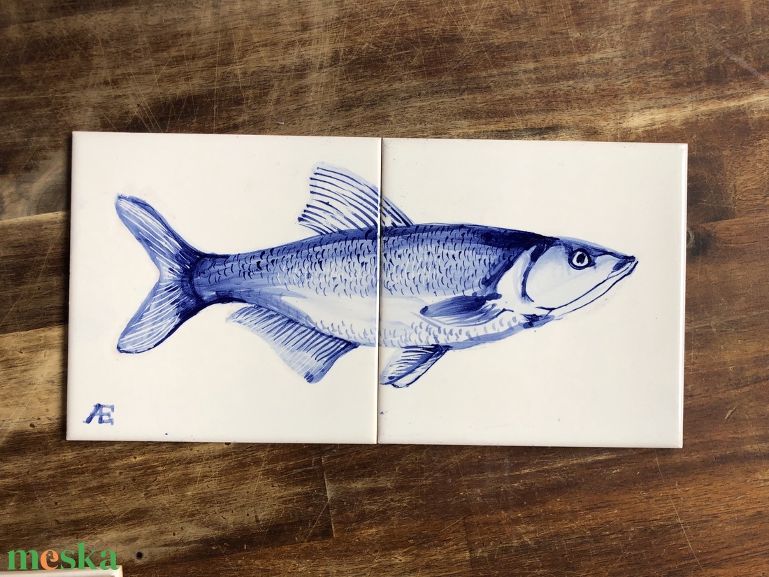 Kézzel festett mázazott portugál csempekép hal, 2 db-os kompozíció - otthon & életmód - dekoráció - fali és függő dekoráció - csempe - Meska.hu