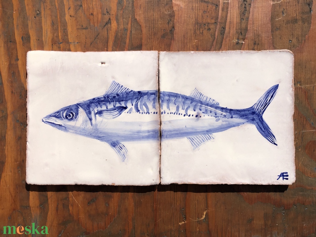 Kézzel festett mázazott portugál csempekép Makréla hal, 2 db-os kompozíció - otthon & életmód - dekoráció - fali és függő dekoráció - csempe - Meska.hu