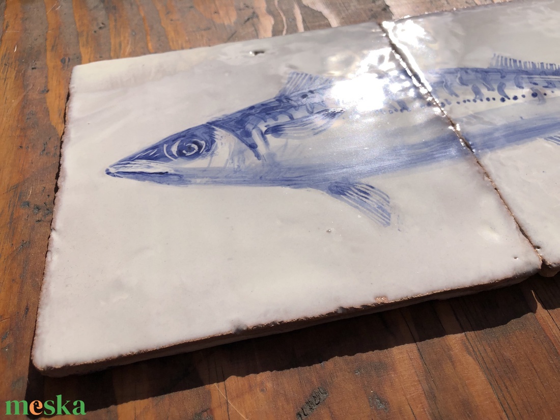 Kézzel festett mázazott portugál csempekép Makréla hal, 2 db-os kompozíció - otthon & életmód - dekoráció - fali és függő dekoráció - csempe - Meska.hu