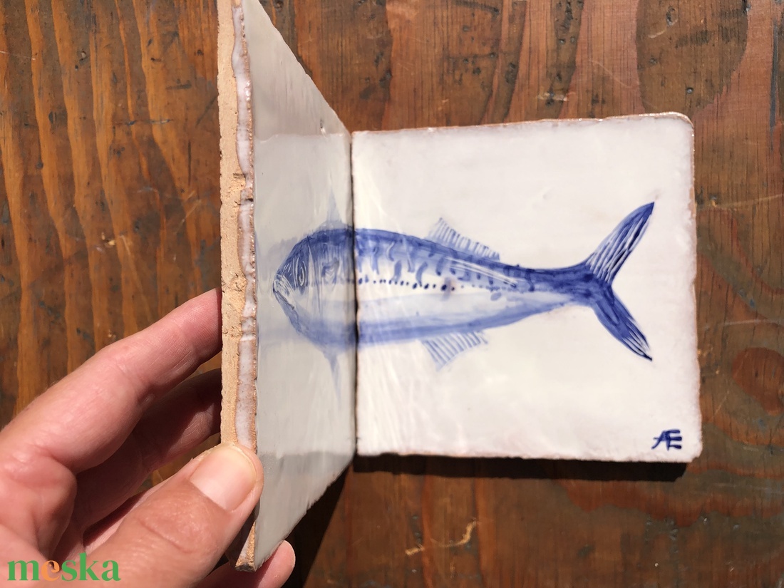 Kézzel festett mázazott portugál csempekép Makréla hal, 2 db-os kompozíció - otthon & életmód - dekoráció - fali és függő dekoráció - csempe - Meska.hu