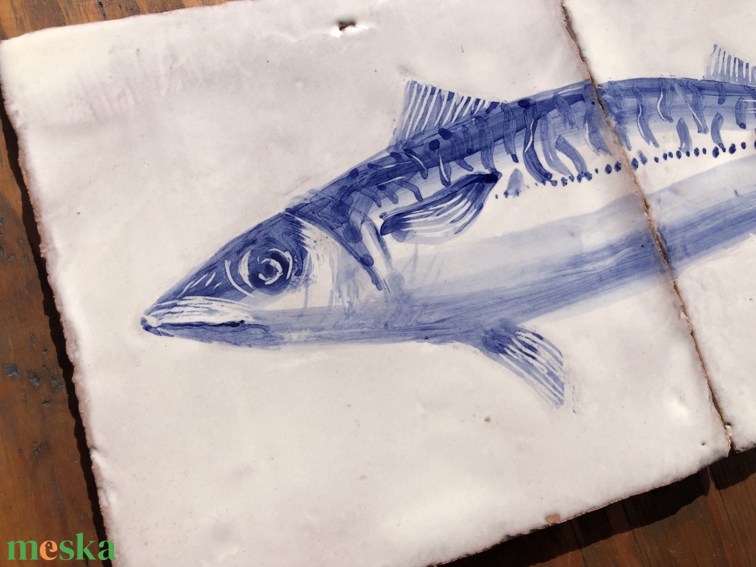 Kézzel festett mázazott portugál csempekép Makréla hal, 2 db-os kompozíció - otthon & életmód - dekoráció - fali és függő dekoráció - csempe - Meska.hu