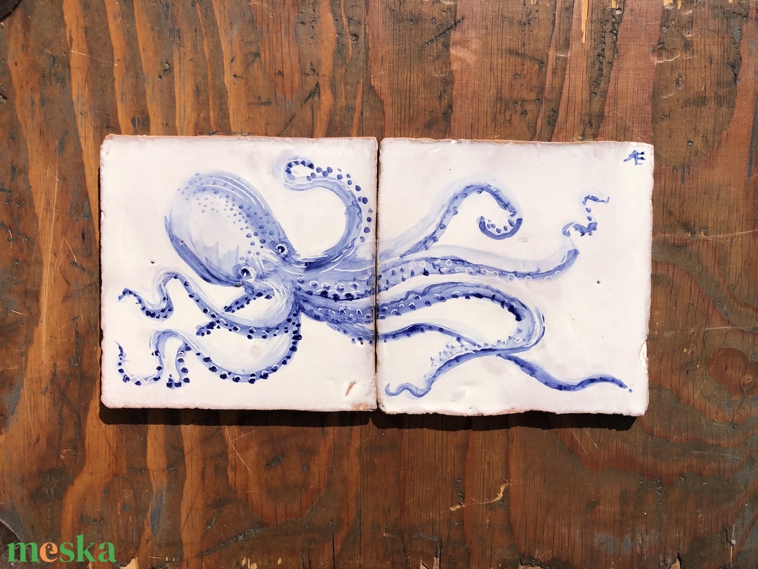 Kézzel festett mázazott portugál csempekép POLIP, 2 db-os kompozíció - otthon & életmód - dekoráció - fali és függő dekoráció - csempe - Meska.hu