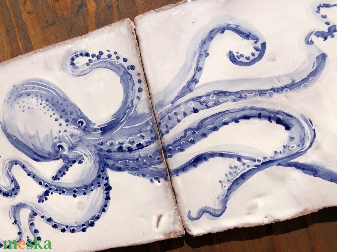 Kézzel festett mázazott portugál csempekép POLIP, 2 db-os kompozíció - otthon & életmód - dekoráció - fali és függő dekoráció - csempe - Meska.hu