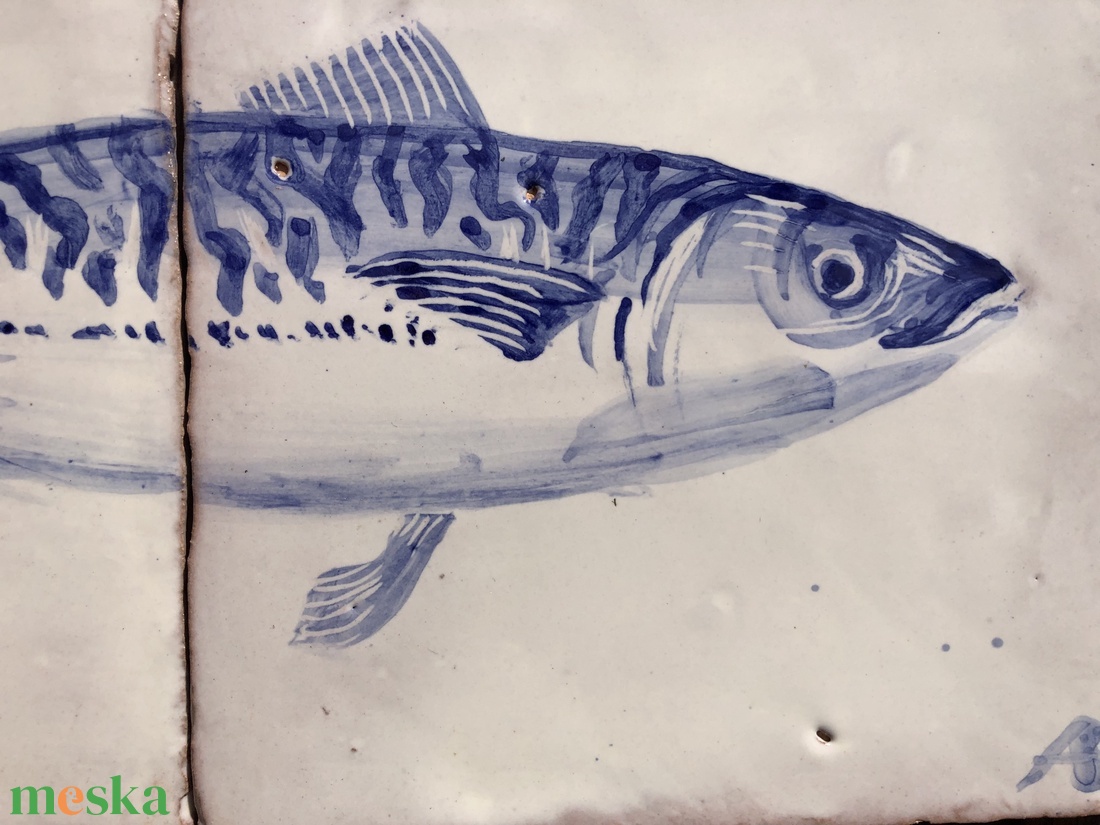 Kézzel festett mázazott portugál csempekép Makréla hal, 2 db-os kompozíció - otthon & életmód - dekoráció - fali és függő dekoráció - csempe - Meska.hu