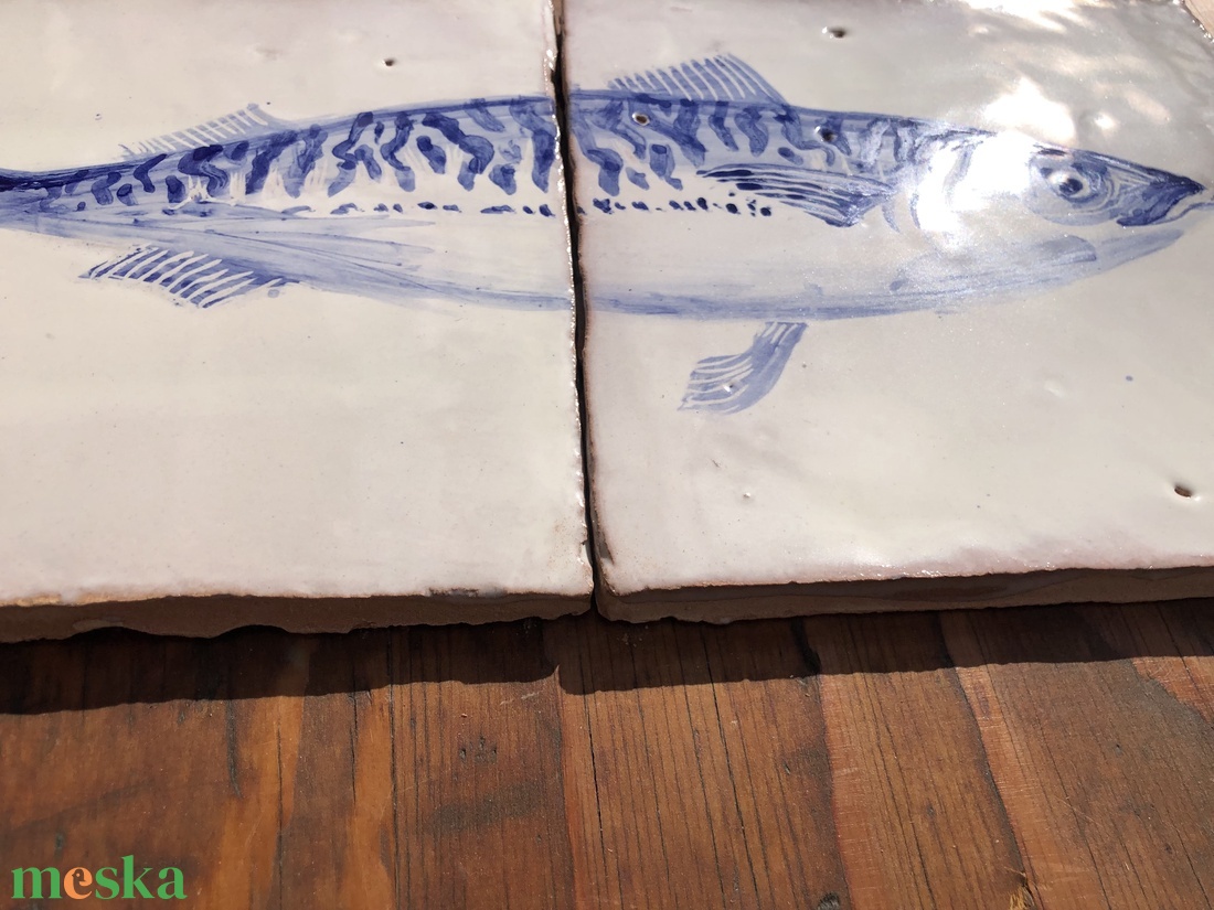 Kézzel festett mázazott portugál csempekép Makréla hal, 2 db-os kompozíció - otthon & életmód - dekoráció - fali és függő dekoráció - csempe - Meska.hu