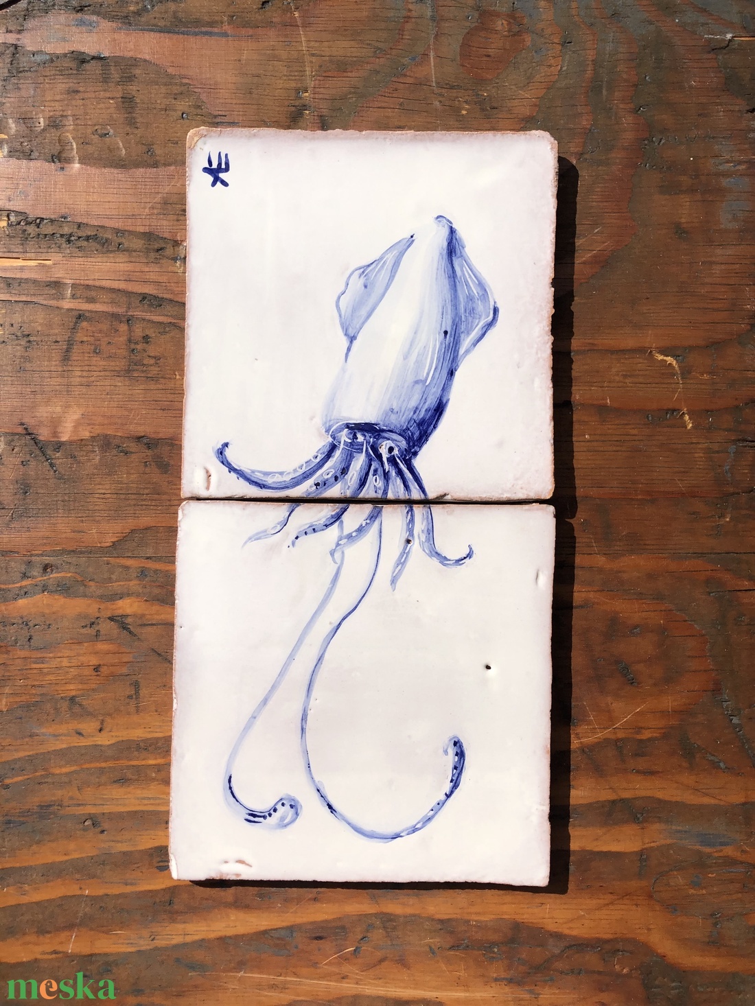 Kézzel festett mázazott portugál csempekép Tintahal, 2 db-os kompozíció - otthon & életmód - dekoráció - fali és függő dekoráció - csempe - Meska.hu