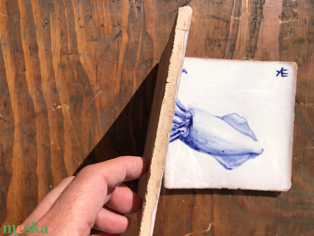 Kézzel festett mázazott portugál csempekép Tintahal, 2 db-os kompozíció - otthon & életmód - dekoráció - fali és függő dekoráció - csempe - Meska.hu