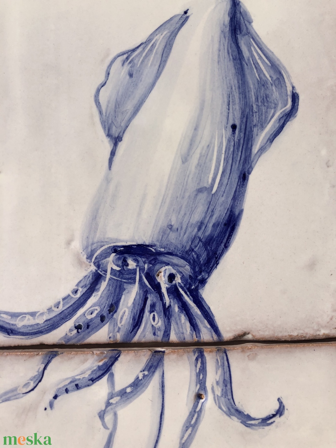 Kézzel festett mázazott portugál csempekép Tintahal, 2 db-os kompozíció - otthon & életmód - dekoráció - fali és függő dekoráció - csempe - Meska.hu