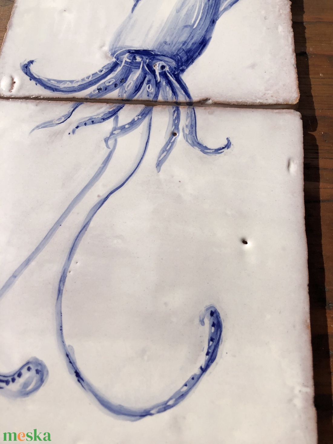 Kézzel festett mázazott portugál csempekép Tintahal, 2 db-os kompozíció - otthon & életmód - dekoráció - fali és függő dekoráció - csempe - Meska.hu