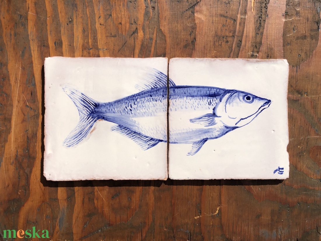 Kézzel festett mázazott portugál csempekép hal, 2 db-os kompozíció - otthon & életmód - dekoráció - fali és függő dekoráció - csempe - Meska.hu