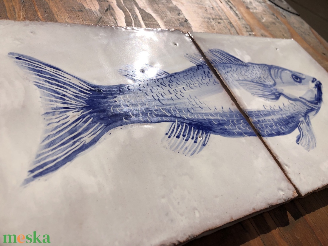 Kézzel festett mázazott portugál csempekép hal, 2 db-os kompozíció - otthon & életmód - dekoráció - fali és függő dekoráció - csempe - Meska.hu