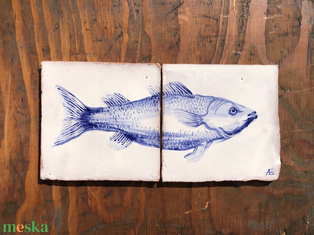 Kézzel festett mázazott portugál csempekép hal, 2 db-os kompozíció - otthon & életmód - dekoráció - fali és függő dekoráció - csempe - Meska.hu
