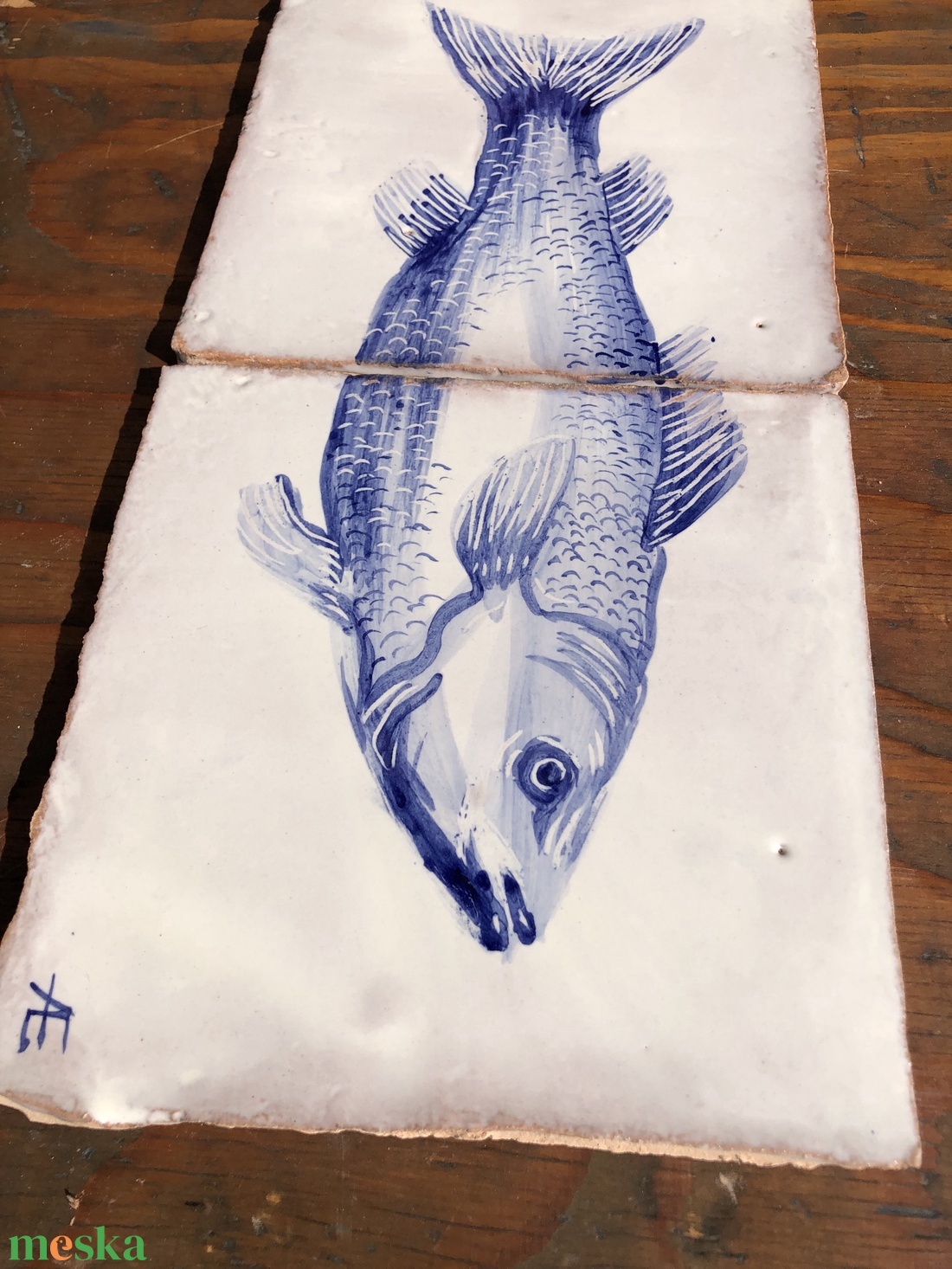 Kézzel festett mázazott portugál csempekép hal, 2 db-os kompozíció - otthon & életmód - dekoráció - fali és függő dekoráció - csempe - Meska.hu