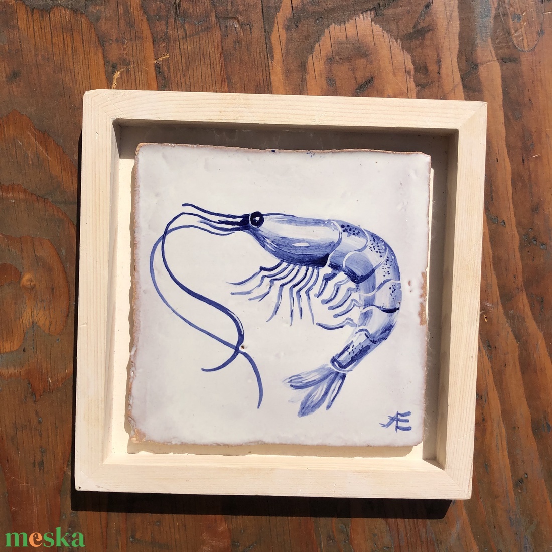 Kézzel festett mázazott portugál csempe garnéla rák mintával - otthon & életmód - dekoráció - fali és függő dekoráció - csempe - Meska.hu