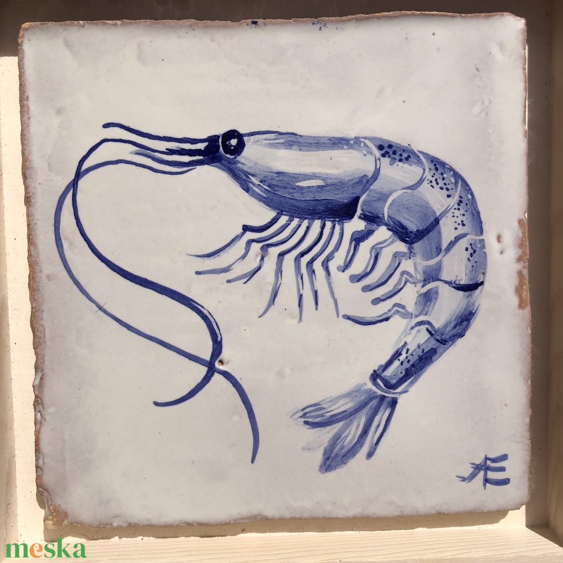 Kézzel festett mázazott portugál csempe garnéla rák mintával - otthon & életmód - dekoráció - fali és függő dekoráció - csempe - Meska.hu