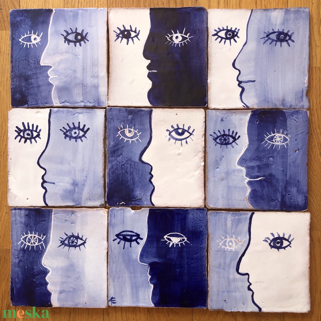 Kézzel festett, mázazott portugál csempekép arcok, 9db-os kompozíció - otthon & életmód - dekoráció - fali és függő dekoráció - csempe - Meska.hu
