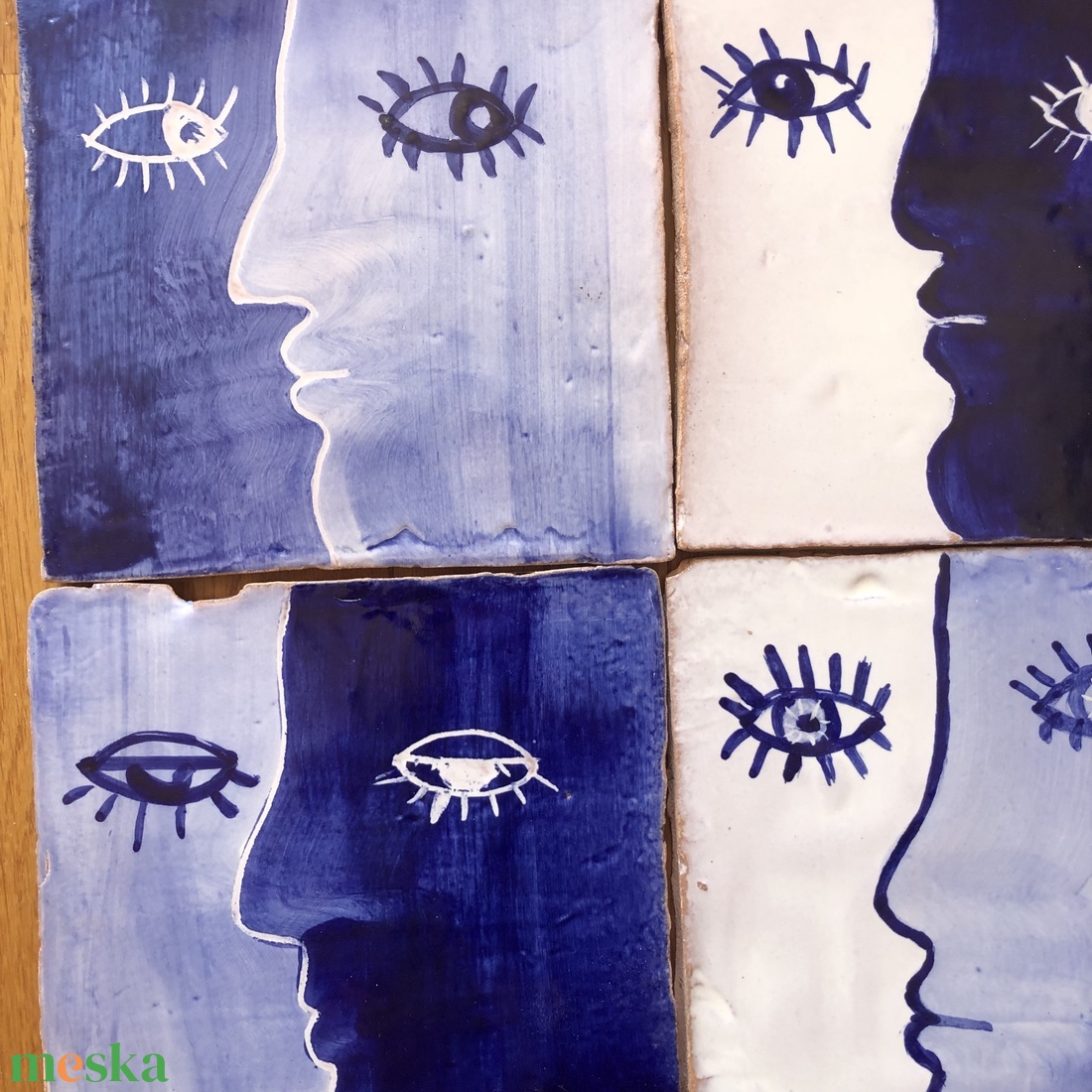 Kézzel festett, mázazott portugál csempekép arcok, 9db-os kompozíció - otthon & életmód - dekoráció - fali és függő dekoráció - csempe - Meska.hu