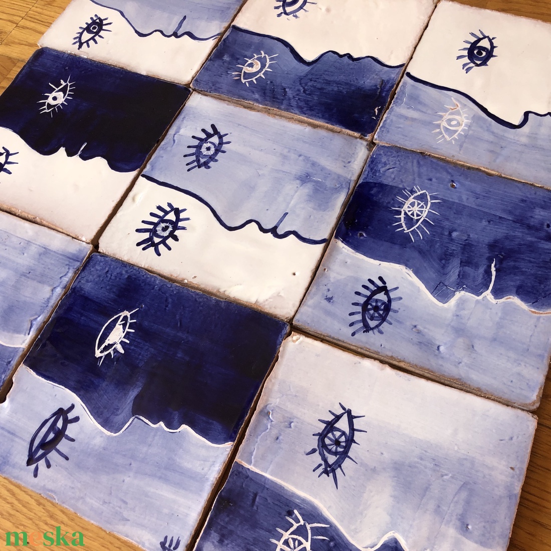 Kézzel festett, mázazott portugál csempekép arcok, 9db-os kompozíció - otthon & életmód - dekoráció - fali és függő dekoráció - csempe - Meska.hu