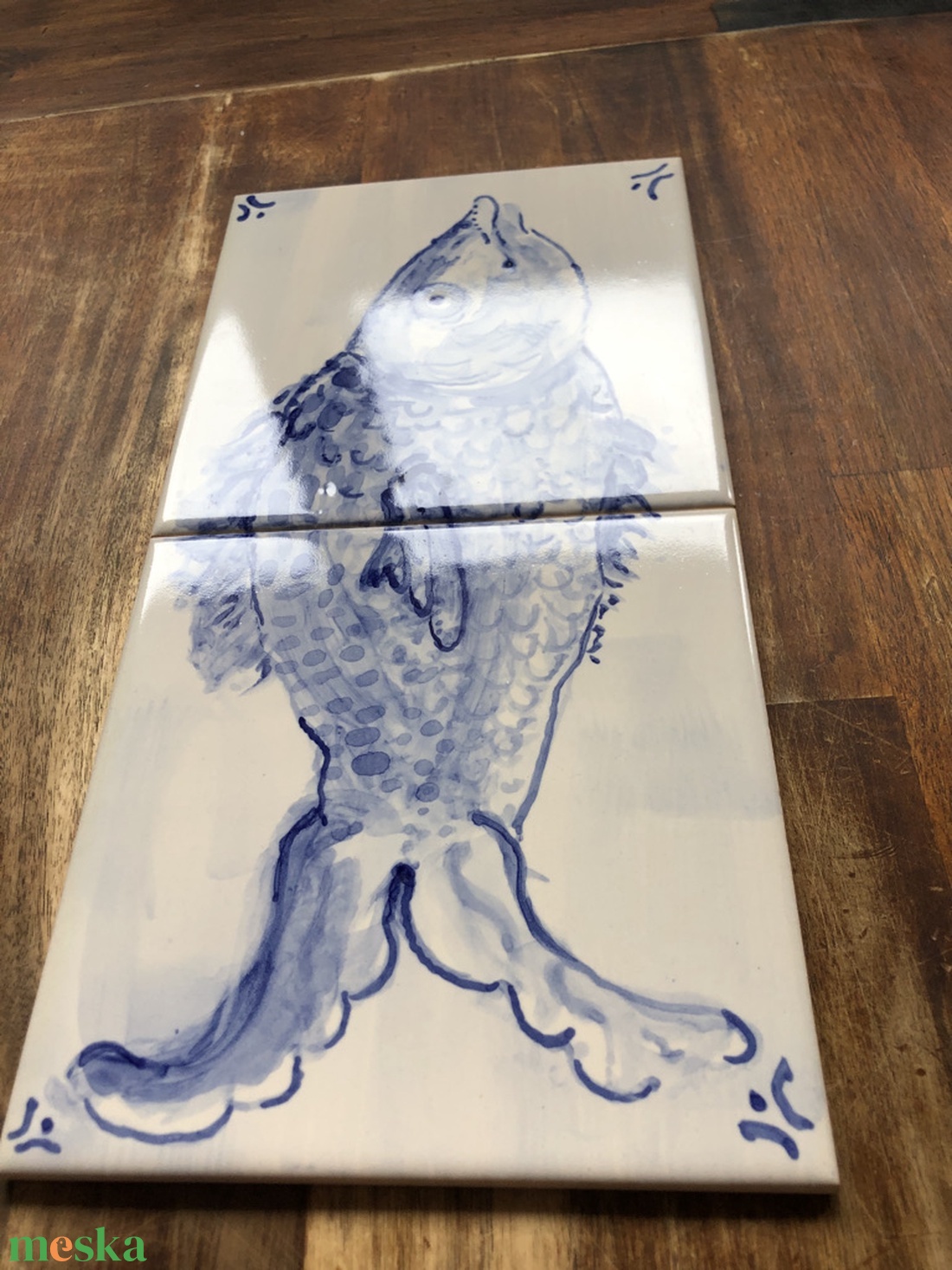 Kézzel festett mázazott portugál csempekép hal, 2 db-os kompozíció - otthon & életmód - dekoráció - fali és függő dekoráció - csempe - Meska.hu